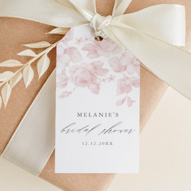 Étiquettes-cadeau Élégant Script Floral Fête des mariées rose Favori (Elegant floral pink roses bridal shower favor tag.)