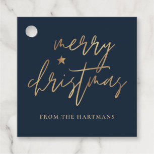 Étiquettes Cadeau Élégant Script Joyeux Noël Gold Star Marine Bleu