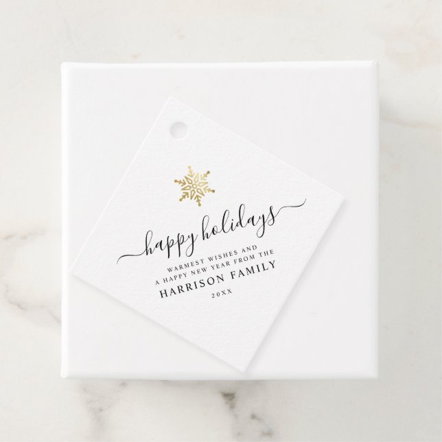 Étiquettes Cadeau Élégant script moderne Gold Snowflake Holiday (En situation)