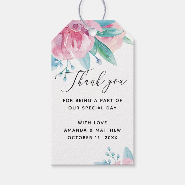Étiquettes-cadeau Élégant script rose mariage floral Merci (Devant)