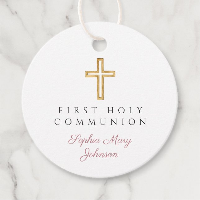 Étiquettes Cadeau Élégant Script rose Première communion ronde (Devant)