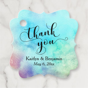 Étiquettes Cadeau Élégant script sur Aqua Watercolor Merci de splash