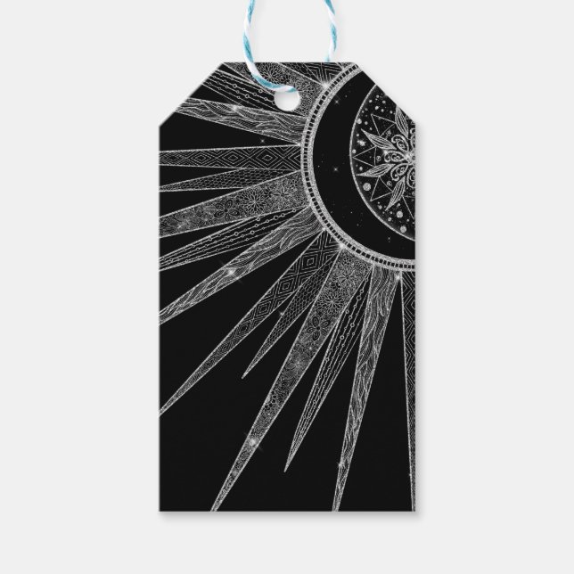 Étiquettes-cadeau Elégant Silver Sun Moon Mandala Black Design (Devant)