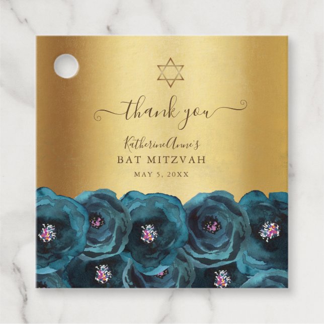 Étiquettes Cadeau Elegant Teal Floral Gold Bat Mitzvah Thank You (Devant)