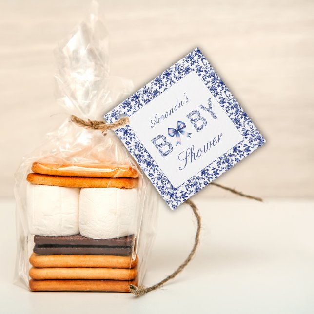 Étiquettes Cadeau Elégant Toile Bleue de Jouy et Baby shower Bow (Créateur téléchargé)