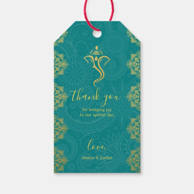 Étiquettes-cadeau Elégant Turquoise & Gold Ganesha & Mehndi Hindu Ma (Devant)