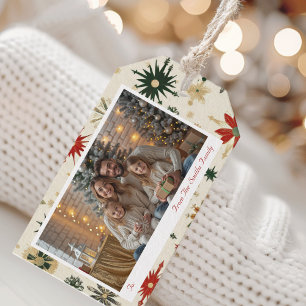 Étiquettes-cadeau Élégant Vintage Gold Snowflakes Photo Holiday