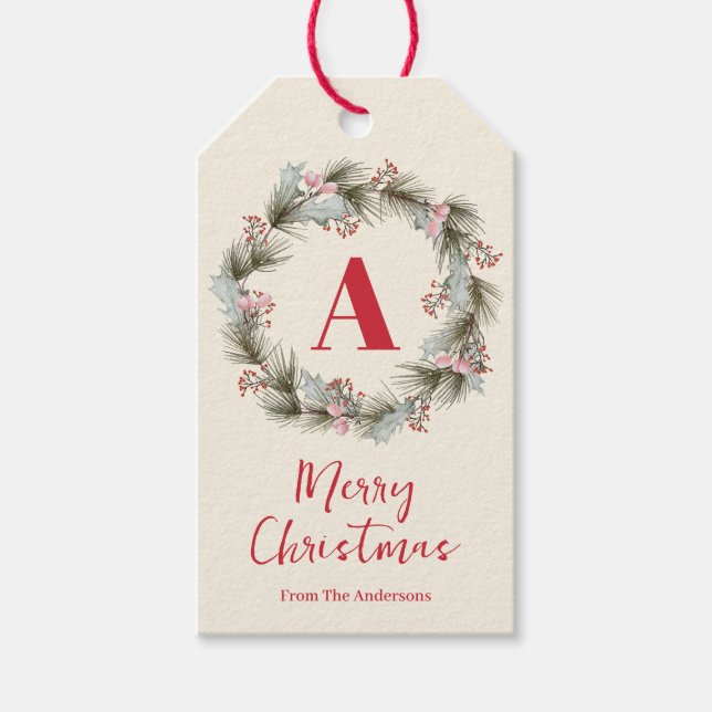 Étiquettes-cadeau Elegant Watercolor Christmas Wreath Monogram (Devant)