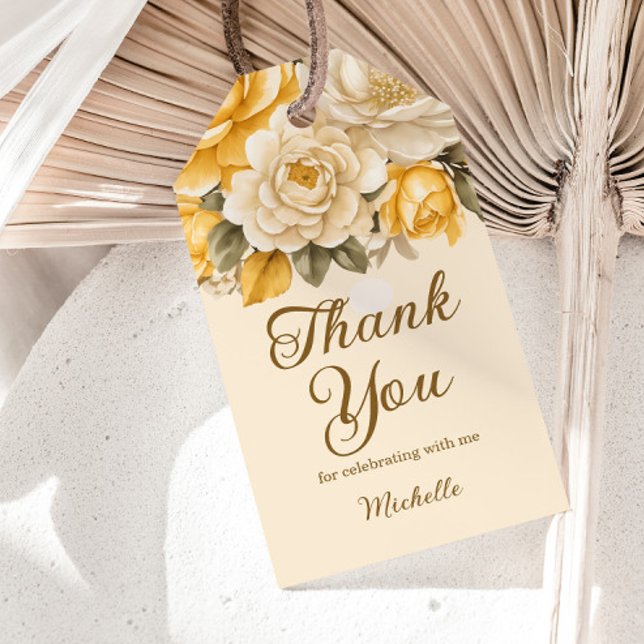 Étiquettes-cadeau Elegant Yellow Ivory Cream Floral Birthday  (Yellow and cream-colored watercolor floral birthday party "Thank you" gift tag)
