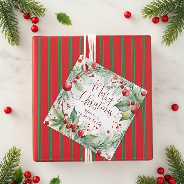 Étiquettes Cadeau Elégante aquarelle Berry and Pine Christmas (Créateur téléchargé)