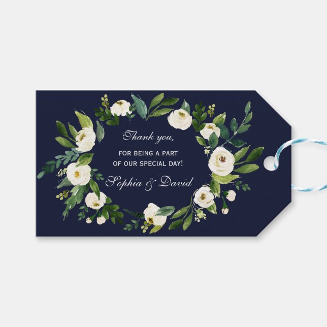 Étiquettes-cadeau Elégante aquarelle blanc Floral bleu foncé Mariage (Devant (Horizontal))