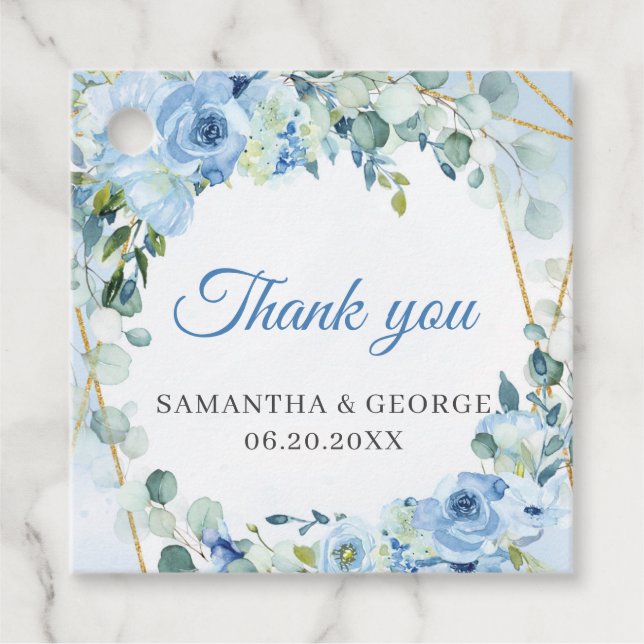 Étiquettes Cadeau Elégante aquarelle bleu vert fleuri et or (Devant)