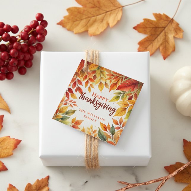 Étiquettes Cadeau Elégante aquarelle chute laisse frontière Thanksgi (Créateur téléchargé)