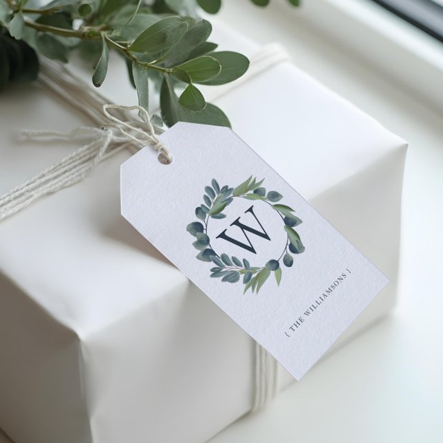 Étiquettes-cadeau Elégante aquarelle de feuillage d'hiver Monogramme (Elegant Watercolor Winter Foliage Wreath Monogram Gift Tags)