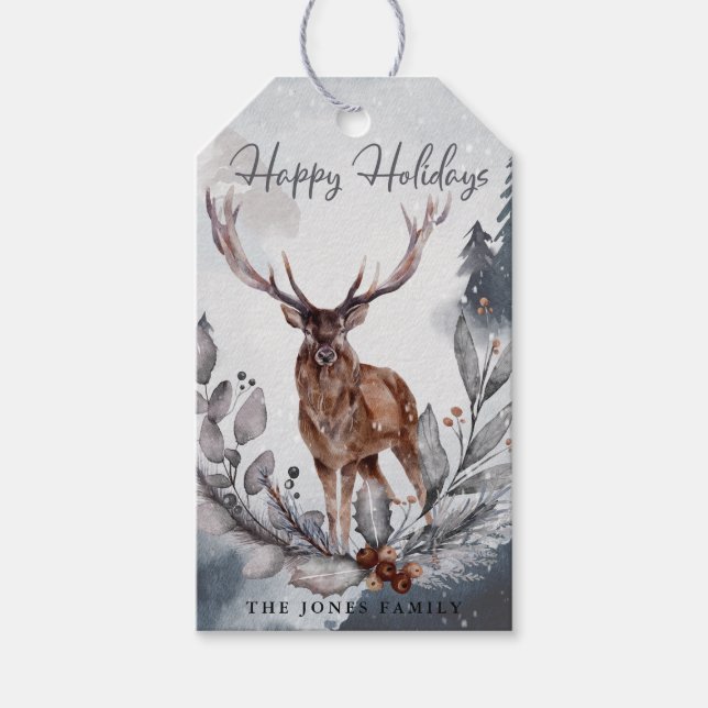 Étiquettes-cadeau Elégante aquarelle gris hiver Cerf de Noël (Devant)