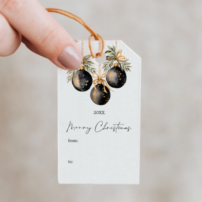 Étiquettes-cadeau Elégante aquarelle Noël Baubles Fête de Noël (MERRY CHRISTMAS MODERN TYPOGRAPHY CALLIGRAPHY CUSTOM GIFT TAG WITH BAUBLES AND ORNAMENT GOLD BLACK)