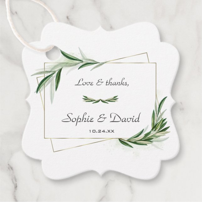 Étiquettes Cadeau Elégante aquarelle Olive Greenery Mariage or (Devant)