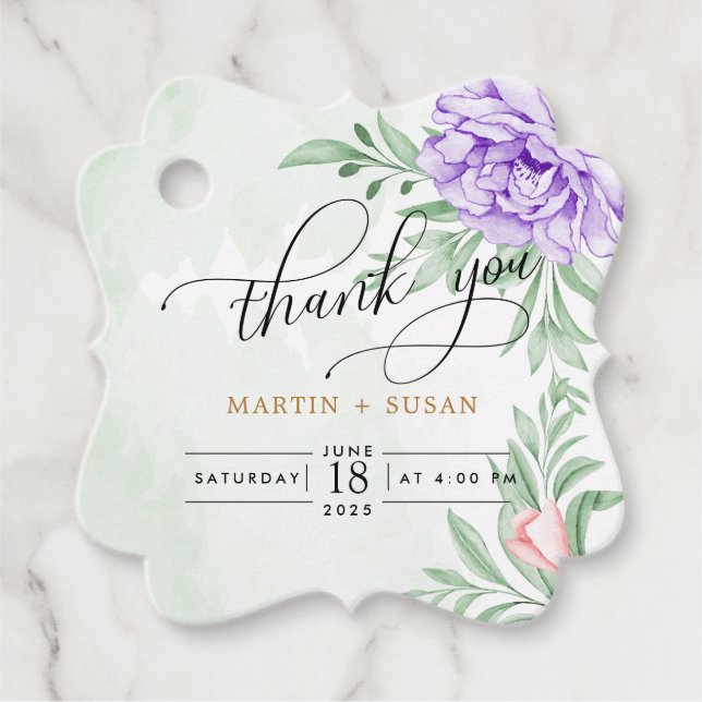 Étiquettes Cadeau Elégante aquarelle pourpre fleuris Bouquet Mariage (Devant)