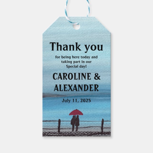 Étiquettes-cadeau Elégante Aquarelle Rouge Parapluie Couple Mariage (Devant)