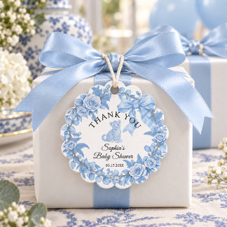 Étiquettes Cadeau Élégante Baby Shower Safari Bleu Toile de Jouy