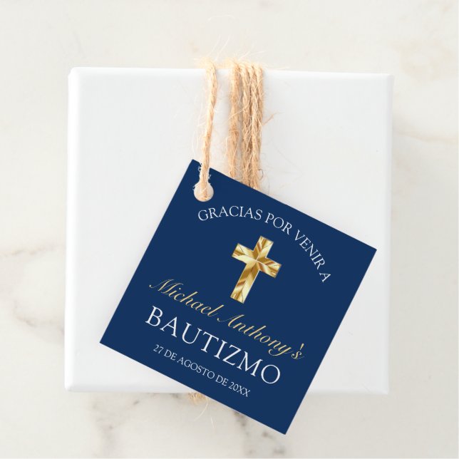 Étiquettes Cadeau Elegante Bautismo de Bebé Azul Marino Dorado (En situation)
