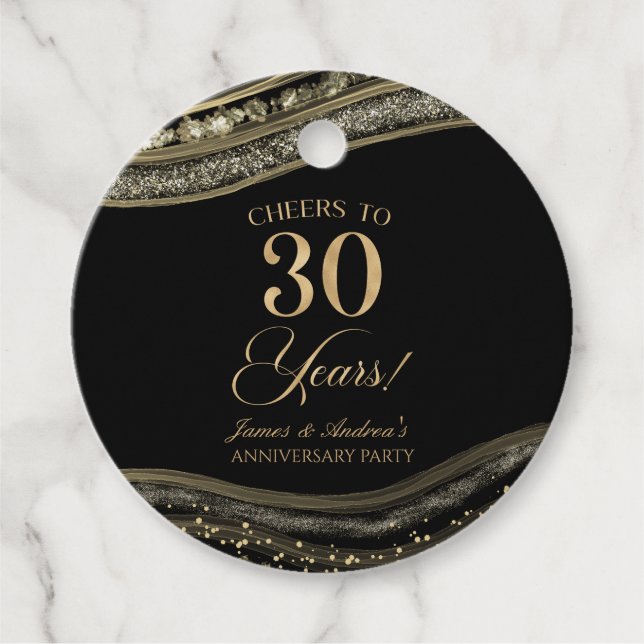 Étiquettes Cadeau Élégante Black Gold Agate 30e anniversaire fête (Devant)