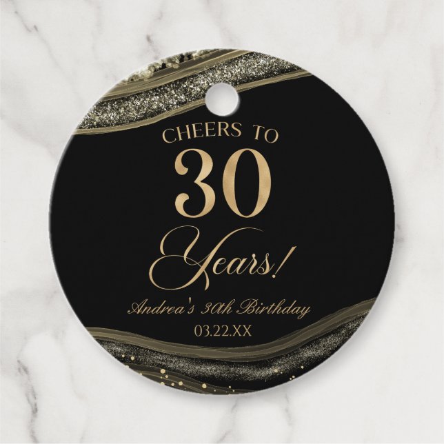 Étiquettes Cadeau Elégante Black Gold Agate 30e fête d'anniversaire (Devant)