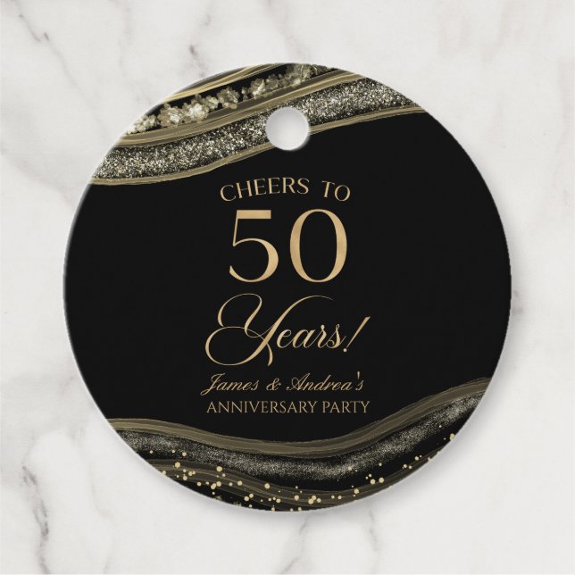 Étiquettes Cadeau Élégante Black Gold Agate 50e Anniversaire Party (Devant)