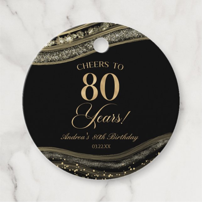 Étiquettes Cadeau Elégante Black Gold Agate 80e fête d'anniversaire (Devant)
