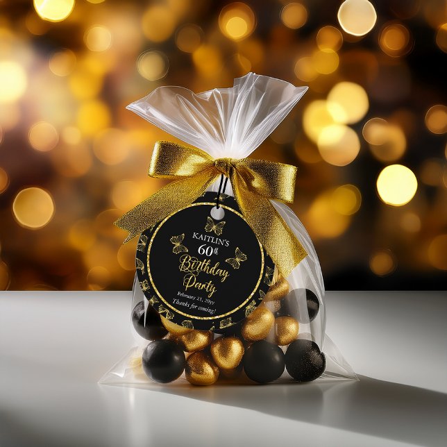 Étiquettes Cadeau Elégante Black Gold Butterflies 60e fête d'anniver (Elegant Black and Faux Gold Butterflies 60th Birthday Party  Party Favor Tags)