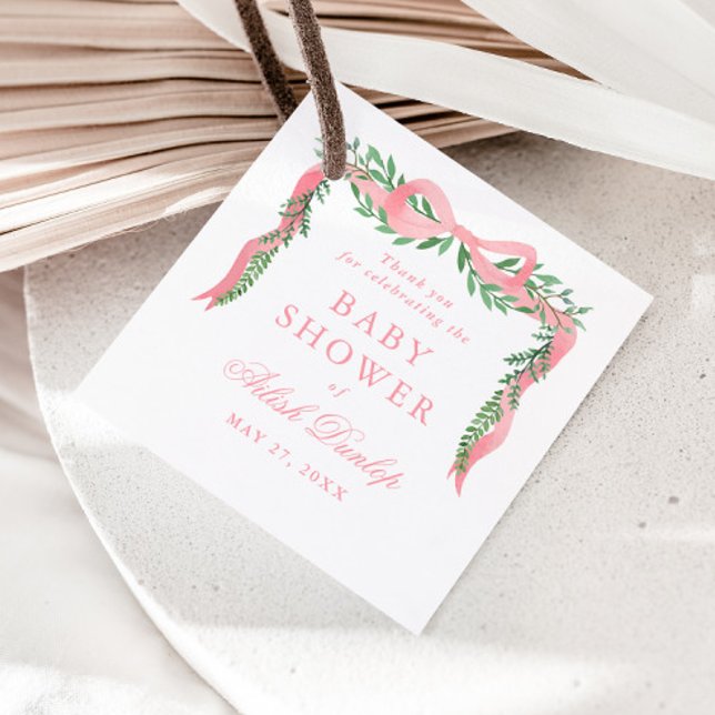 Étiquettes Cadeau Elégante Bow rose avec Baby shower Garçon verdoyan (Elegant pink bow greenery baby shower thank you favor tags.)