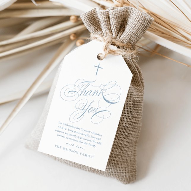 Étiquettes-cadeau Élégante calligraphie Baptême bleu Merci Favoriser (Elegant calligraphy blue baptism thank you favor tag.)
