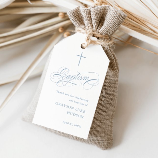 Étiquettes-cadeau Élégante calligraphie Baptême bleu Merci Favoriser (Elegant calligraphy baptism thank you favor tag.)