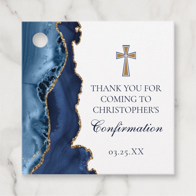 Étiquettes Cadeau Élégante Confirmation Cross Navy Blue Gold Party (Devant)