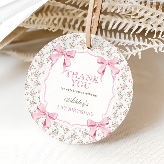 Étiquettes Cadeau Elégante coquette Bow rose 1er anniversaire Merci (Créateur téléchargé)