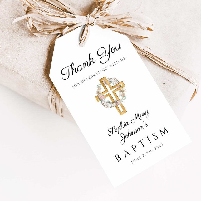Étiquettes-cadeau Élégante couronne florale Croix Baptême (Elegant Floral Wreath Cross Baptism Gift Tags)