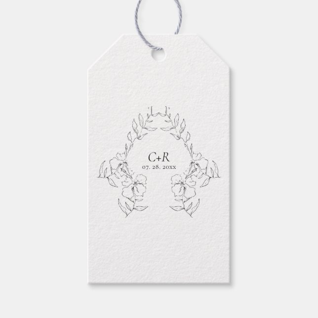 Étiquettes-cadeau Élégante couronne florale noire/blanche moderne (Devant)
