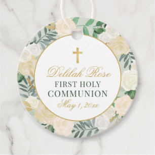 Étiquettes Cadeau Élégante couronne florale Première communion Or ve
