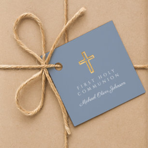 Étiquettes Cadeau Elégante Croix Bleue Dusty Boy First Communion