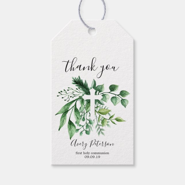 Étiquettes-cadeau Elégante Croix Botanique Verte Première Communion  (Devant)