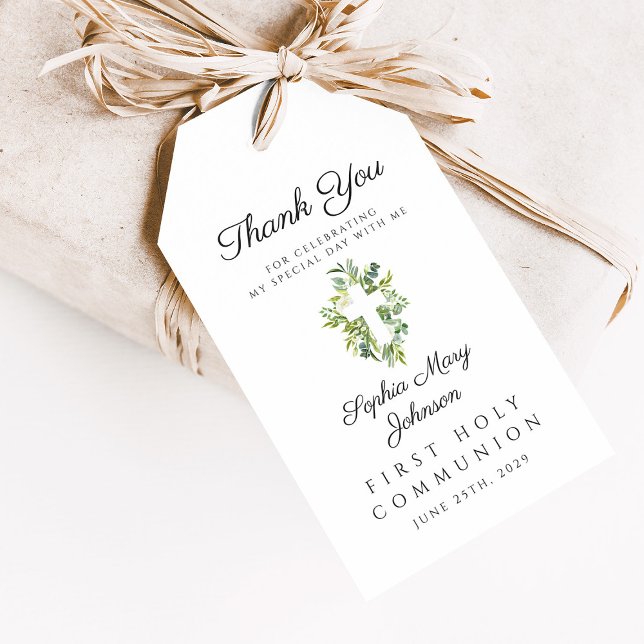 Étiquettes-cadeau Elégante Croix Botanique Verte Première Communion (Elegant Green Botanical Cross First Communion Gift Tags)