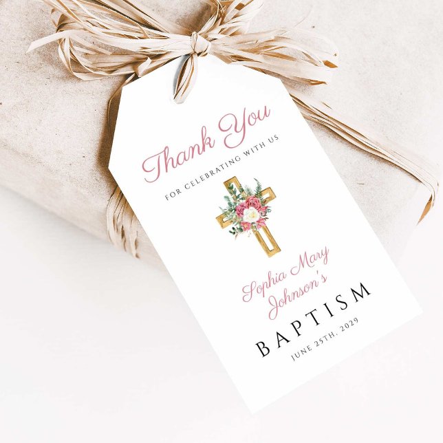 Étiquettes-cadeau Elégante Croix Florale Première Communion Fille (Elegant Floral Cross Girl First Communion Gift Tags)