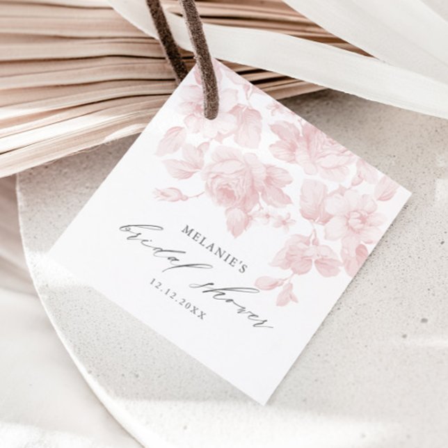 Étiquettes Cadeau Élégante Fête des mariées florale rose Script (Elegant floral pink roses bridal shower favor tag.)