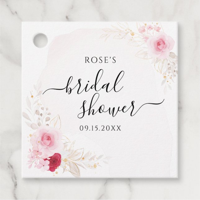 Étiquettes Cadeau Élégante Fête des mariées rose et rouge florale (Devant)