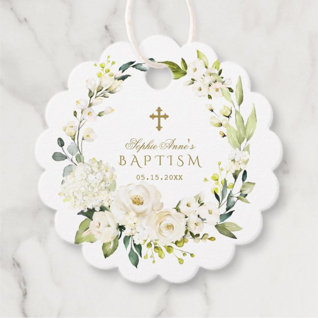 Étiquettes Cadeau Élégante Fleurs de crème blanche Croix d'or Baptêm (Devant)