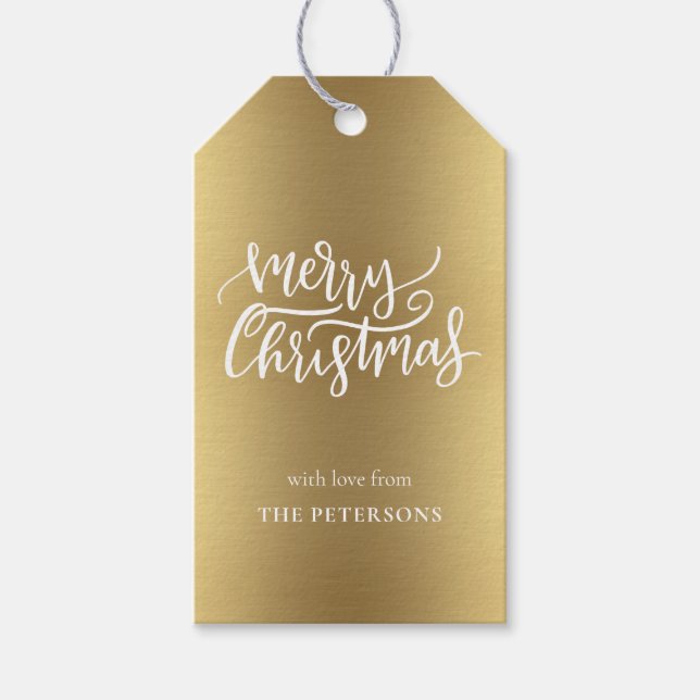 Étiquettes-cadeau Élégante Gold Merry Calligraphie de Noël avec nom (Devant)