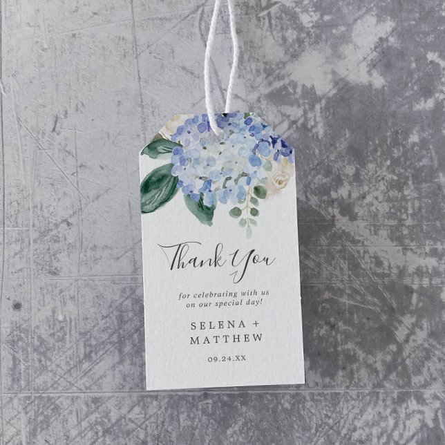 Étiquettes-cadeau Elégante Hydrangée Bleue | White Merci Favor (Créateur téléchargé)
