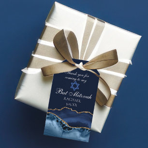 Étiquettes-cadeau Elégante Marine Blue Gold Agate Bat mitzvah Party