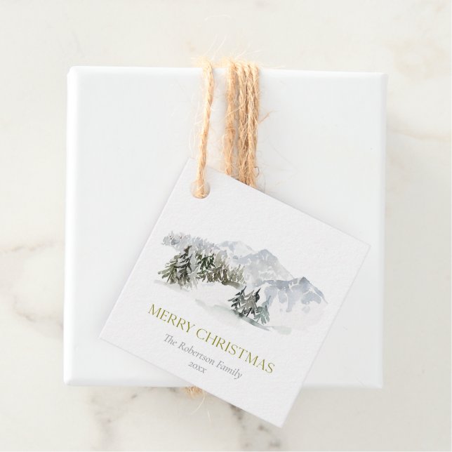 Étiquettes Cadeau Élégante montagne d'hiver Noël (En situation)