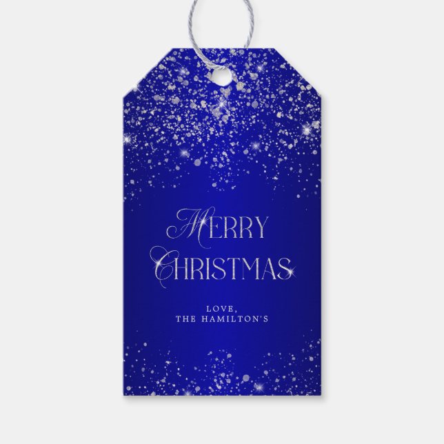 Étiquettes-cadeau Elégante Parties scintillant Bleue Argent Joyeux N (Devant)